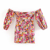 Load image into Gallery viewer, 2020 New women holiday wind floral printing slim mini dress femme off shoulder puff sleeve vestidos back elastic dresses DS3504
