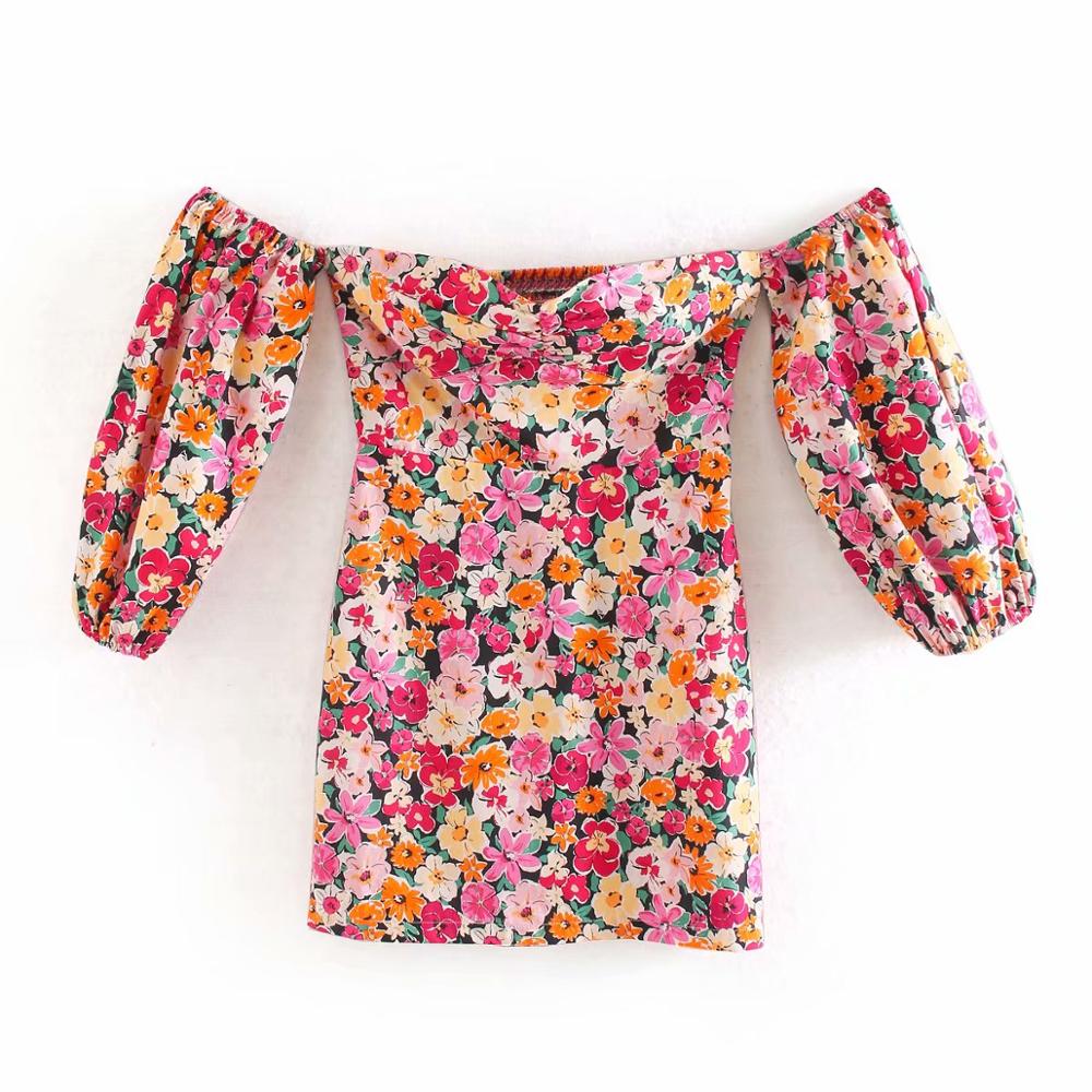 2020 New women holiday wind floral printing slim mini dress femme off shoulder puff sleeve vestidos back elastic dresses DS3504