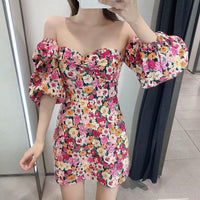 Load image into Gallery viewer, 2020 New women holiday wind floral printing slim mini dress femme off shoulder puff sleeve vestidos back elastic dresses DS3504
