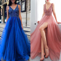 Load image into Gallery viewer, Beading Dresses V-Neck Pink High Split Tulle Sweep
