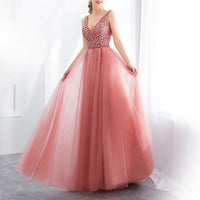 Load image into Gallery viewer, Beading Dresses V-Neck Pink High Split Tulle Sweep
