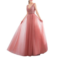 Load image into Gallery viewer, Beading Dresses V-Neck Pink High Split Tulle Sweep
