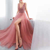 Load image into Gallery viewer, Beading Dresses V-Neck Pink High Split Tulle Sweep
