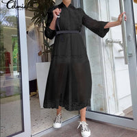 Load image into Gallery viewer, Celmia Fashion See-through Party Long Dress Womens Summer Beach Dresses Long Sleeve Cover Up Tulle Lace Sexy Dress Casual Robe