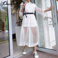 Load image into Gallery viewer, Celmia Fashion See-through Party Long Dress Womens Summer Beach Dresses Long Sleeve Cover Up Tulle Lace Sexy Dress Casual Robe