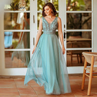 Load image into Gallery viewer, Elegant Women Dress A-Line Beaded Double V-Neck Sleeveless Tulle Maxi Dress Sexy Embroidered Long Party Dress Vestidos 2020
