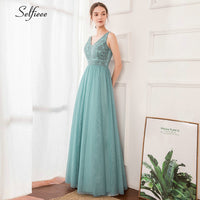 Load image into Gallery viewer, Elegant Women Dress A-Line Beaded Double V-Neck Sleeveless Tulle Maxi Dress Sexy Embroidered Long Party Dress Vestidos 2020
