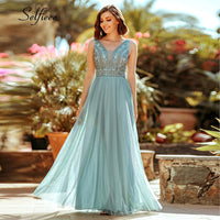 Load image into Gallery viewer, Elegant Women Dress A-Line Beaded Double V-Neck Sleeveless Tulle Maxi Dress Sexy Embroidered Long Party Dress Vestidos 2020
