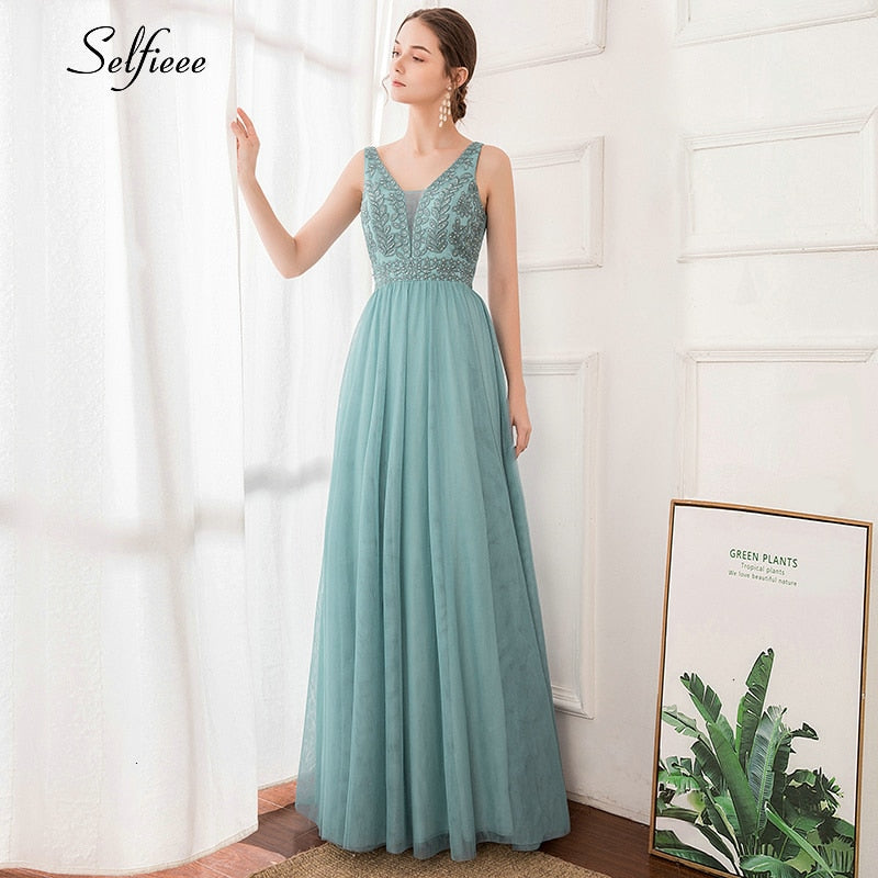 Elegant Women Dress A-Line Beaded Double V-Neck Sleeveless Tulle Maxi Dress Sexy Embroidered Long Party Dress Vestidos 2020