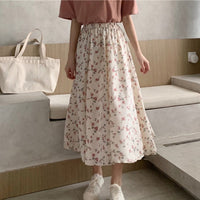 Load image into Gallery viewer, Floral Print Ruffle Pleated Long Skirts summer Women Korean Skirt Streetwear Drawstring Elastic Waist Midi Skirt
