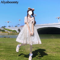 Load image into Gallery viewer, Japanese Lolita Summmer Women Dress Sailor Collar Bow Apricot Black Daisy Princess Party Dress Cute Kawaii Ruffles Tulle Dress