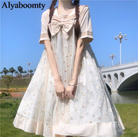 Load image into Gallery viewer, Japanese Lolita Summmer Women Dress Sailor Collar Bow Apricot Black Daisy Princess Party Dress Cute Kawaii Ruffles Tulle Dress
