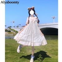 Load image into Gallery viewer, Japanese Lolita Summmer Women Dress Sailor Collar Bow Apricot Black Daisy Princess Party Dress Cute Kawaii Ruffles Tulle Dress