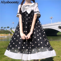 Load image into Gallery viewer, Japanese Lolita Summmer Women Dress Sailor Collar Bow Apricot Black Daisy Princess Party Dress Cute Kawaii Ruffles Tulle Dress