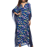 Load image into Gallery viewer, Party Fashion Women Leaf Flower Feather Print 3/4 Sleeve V Neck Tulle Maxi Dress