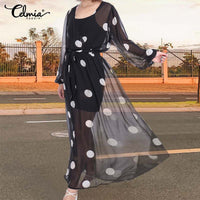 Load image into Gallery viewer, Plus Size Sundress Celmia Women Sexy Gauze Tulle Polka Dot Maxi Long Dress Lantern Sleeve See -through Beach Party Vestidos Sash