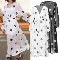 Load image into Gallery viewer, Plus Size Sundress Celmia Women Sexy Gauze Tulle Polka Dot Maxi Long Dress Lantern Sleeve See -through Beach Party Vestidos Sash