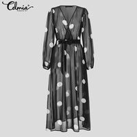 Load image into Gallery viewer, Plus Size Sundress Celmia Women Sexy Gauze Tulle Polka Dot Maxi Long Dress Lantern Sleeve See -through Beach Party Vestidos Sash