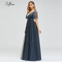 Load image into Gallery viewer, Sexy Velour Maxi Dress Double V-Neck A-Line Short Sleeve Tulle Elegant Women Dress Sparkle Party Dress Vestidos De Fiesta 2020