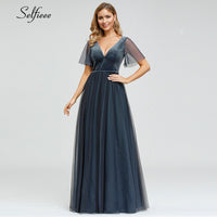 Load image into Gallery viewer, Sexy Velour Maxi Dress Double V-Neck A-Line Short Sleeve Tulle Elegant Women Dress Sparkle Party Dress Vestidos De Fiesta 2020