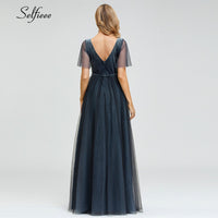 Load image into Gallery viewer, Sexy Velour Maxi Dress Double V-Neck A-Line Short Sleeve Tulle Elegant Women Dress Sparkle Party Dress Vestidos De Fiesta 2020