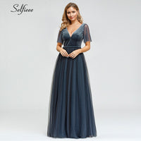 Load image into Gallery viewer, Sexy Velour Maxi Dress Double V-Neck A-Line Short Sleeve Tulle Elegant Women Dress Sparkle Party Dress Vestidos De Fiesta 2020