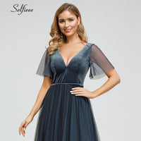 Load image into Gallery viewer, Sexy Velour Maxi Dress Double V-Neck A-Line Short Sleeve Tulle Elegant Women Dress Sparkle Party Dress Vestidos De Fiesta 2020