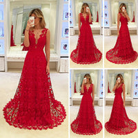 Load image into Gallery viewer, hirigin Elegant Women Deep V-neck Floral Lace Hollow Out Long Maxi Dress Evening Formal Party Prom Ball Gown Red Vestido
