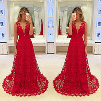 Load image into Gallery viewer, hirigin Elegant Women Deep V-neck Floral Lace Hollow Out Long Maxi Dress Evening Formal Party Prom Ball Gown Red Vestido
