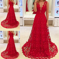 Load image into Gallery viewer, hirigin Elegant Women Deep V-neck Floral Lace Hollow Out Long Maxi Dress Evening Formal Party Prom Ball Gown Red Vestido
